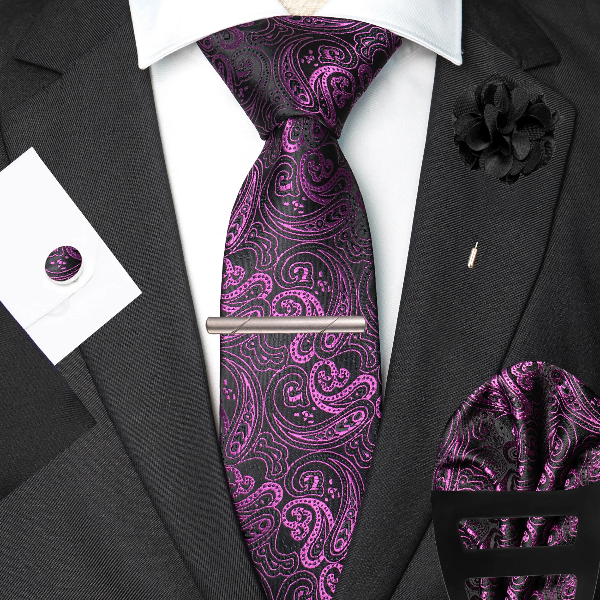 Exclusively Designed Latest Paisley Pattern High-End Men's Business Tie Set: Pocket Square, Tie Clip, Cufflinks, Brooch, Scarf Holder, Suitable for Weddings, Parties, Business Casual, Versatile