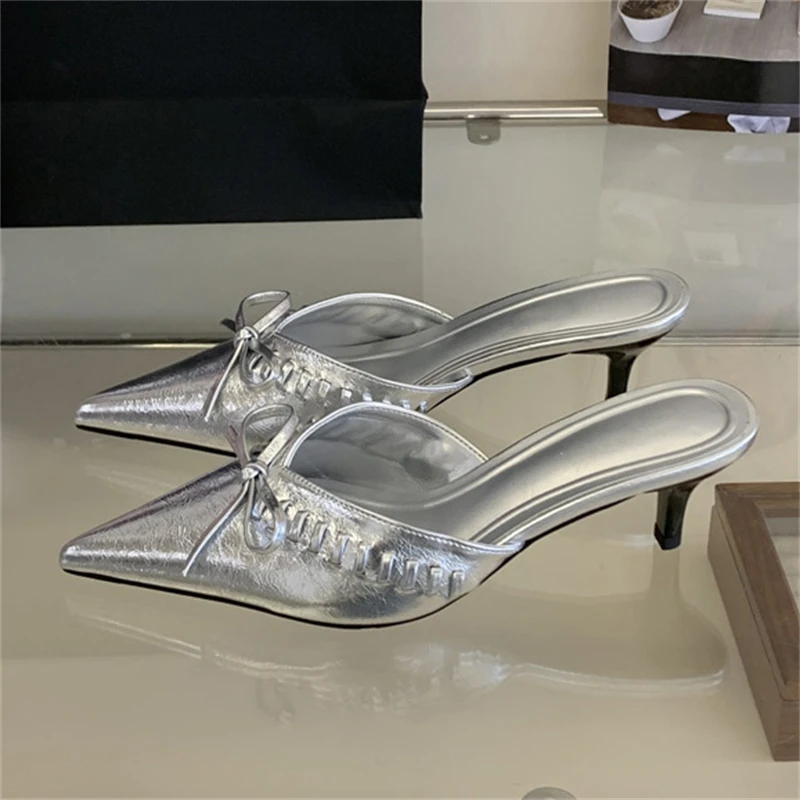 

Модные элегантные женские туфли-мюли Eilyken с бантом-бабочкой на тонком низком каблуке, летние, с острым носком, для вечеринок