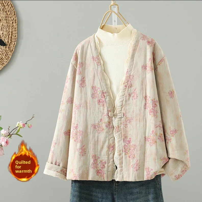 

Retro Chinese Sle Lace Trim Cotton Jaet Women's Loose Warmth Outerwear Long Sve Thiened Winter Faion Ladies' Clothes