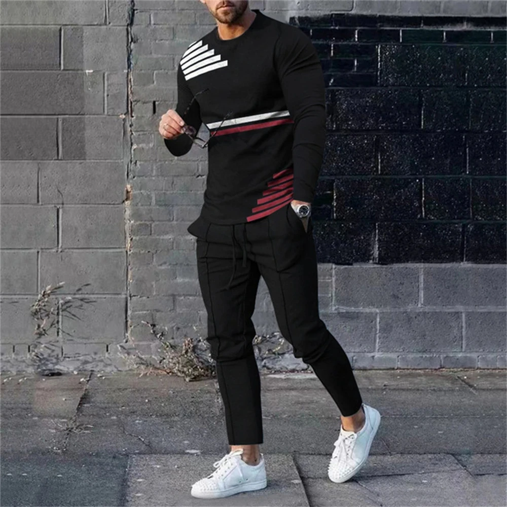 Fashion Casual Jogging Sweatshirt Sets For Men Color Contrast Stitching 3D Printing Spring Fall Crew Neck Sweatshirt And Pants