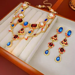 3 Pcs Rhinestone Oval Water Drop Bluey Tassel Necklaces Vintage Exquisite Charms Earrings Jewelry Sets Manufacturers Wholesale