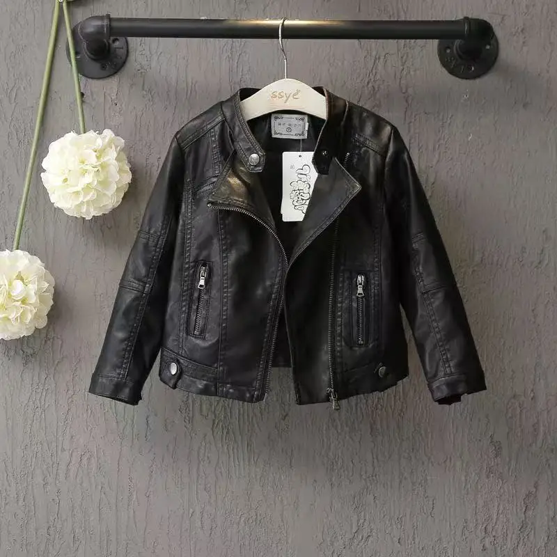 

Fashion Boys Girls Leather Jacket Stand Collar Full Sleeve Zipper PU Coat Spring Autumn Black Outerwear Motorcycle Jacket