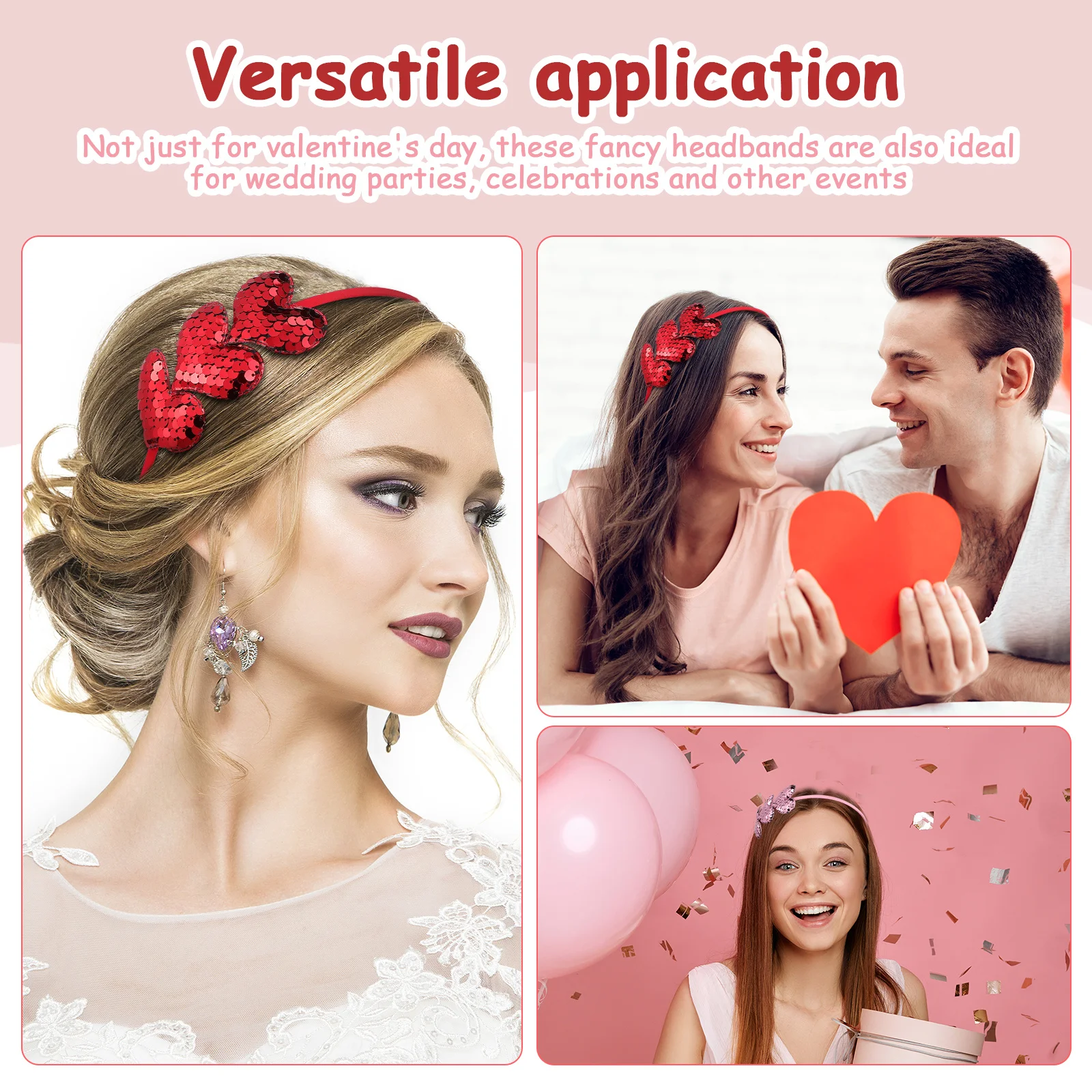 2 قطعة عصابات الحب عيد الحب بريق الترتر القلب رباط شعر للنساء اكسسوارات حفلات الزفاف خوذة سباركلي #3
