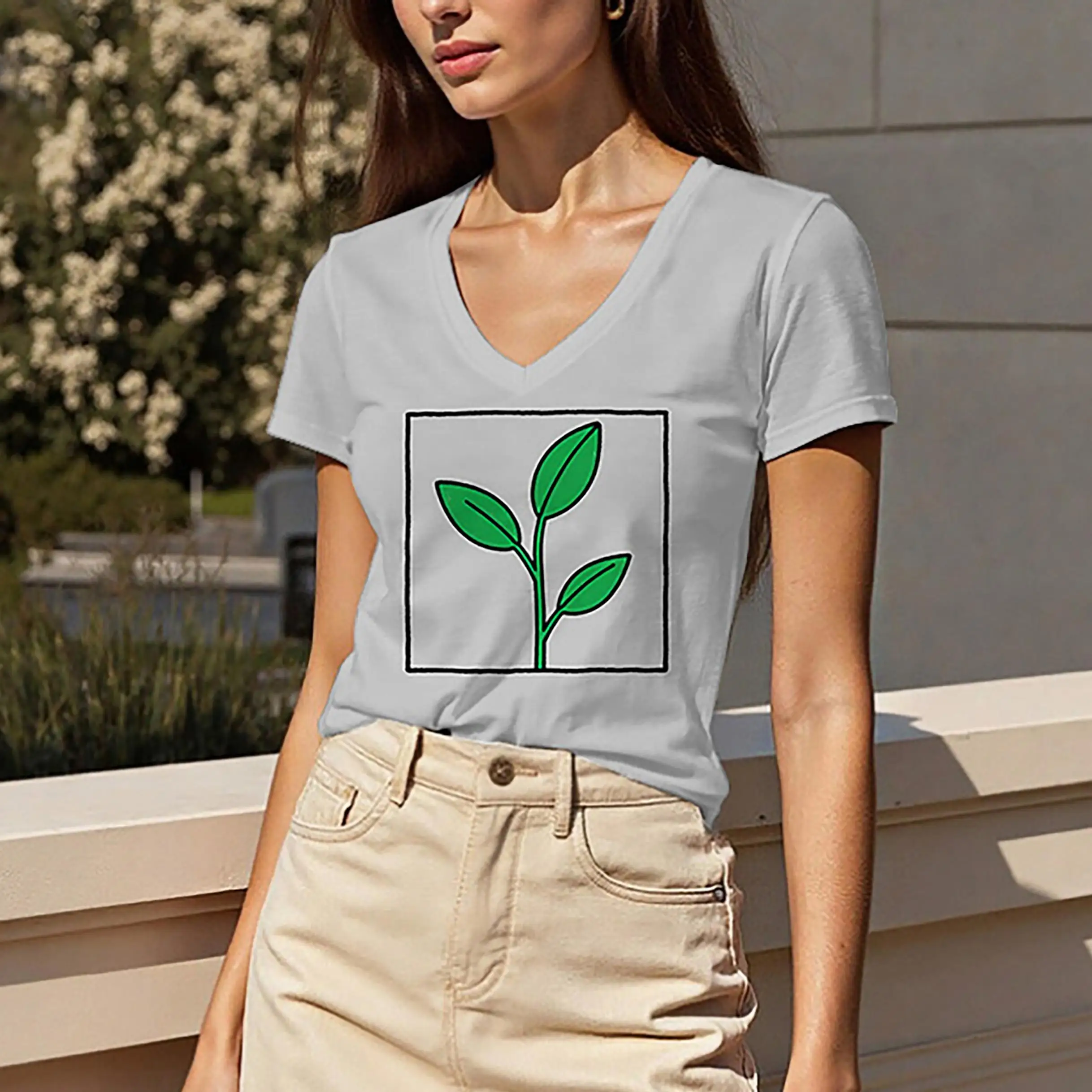 T-shirt z krótkim rękawem i dekoltem w serek o regularnym kroju, letnia odzież damska, standardowa długość, damski top z wzorem liści.