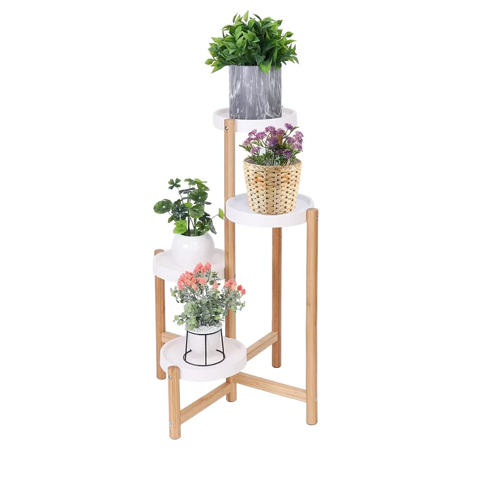 Corner Indoor Bamboo Plant Display Stand Tall Tall Flower Stand Rack 4 Tiers