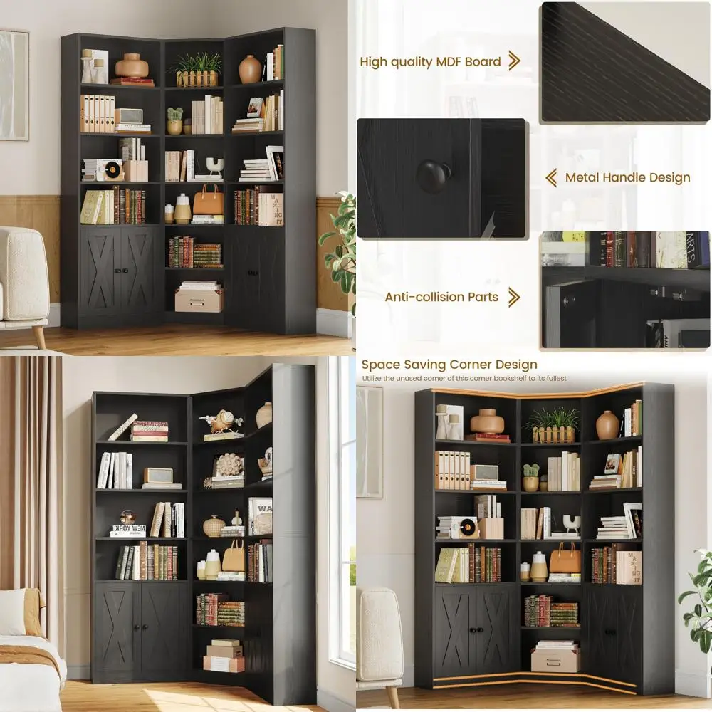 Large Corner Bookcase with Doors and Storage Cabinets, L-Shaped Bookshelf for Living Room