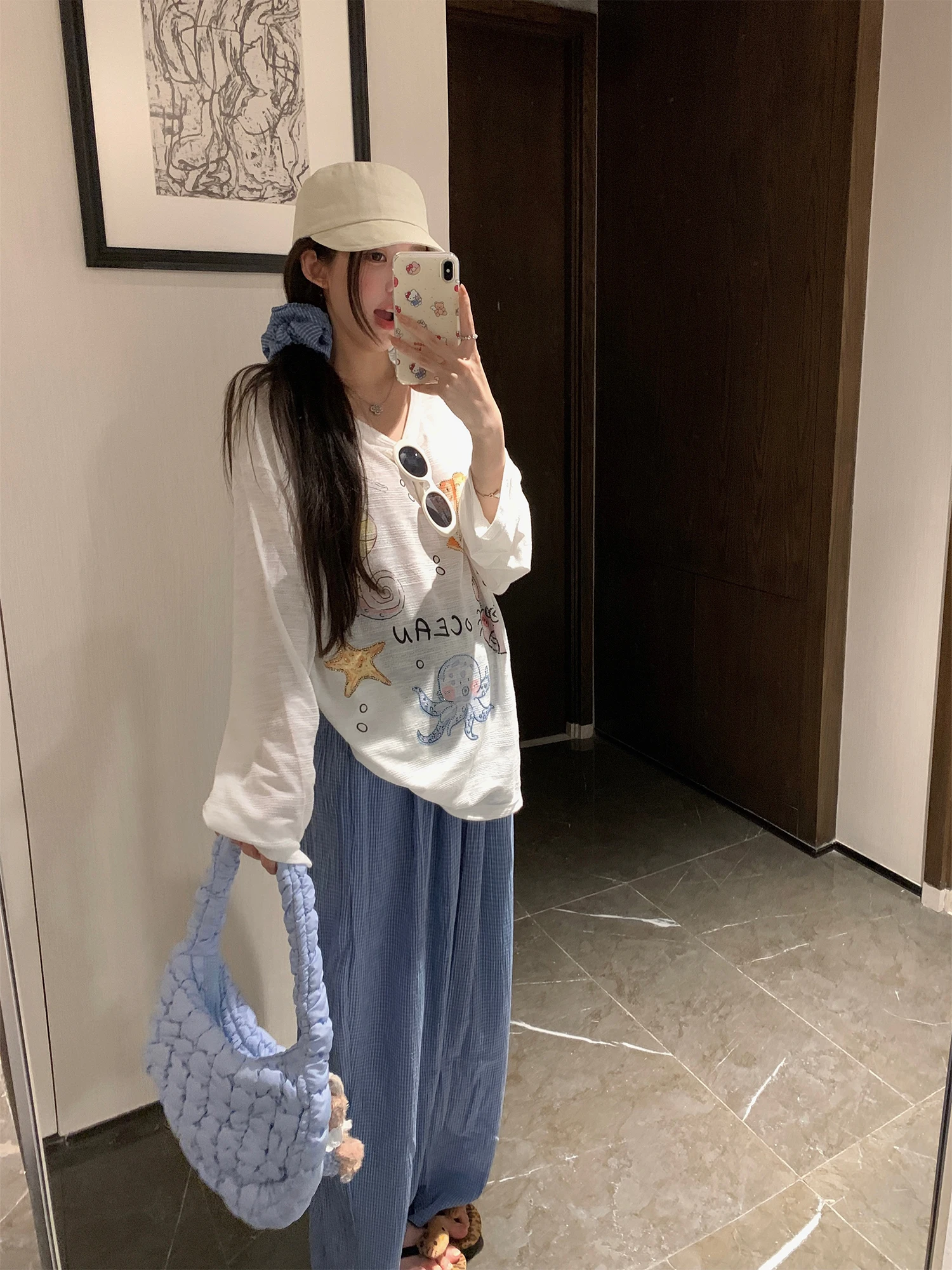

NAYA CHAN Summer Thin Long Sve T-irt White Air Conditioned Sun Protection Printed Casual round Ne Loose Fit Women's Top