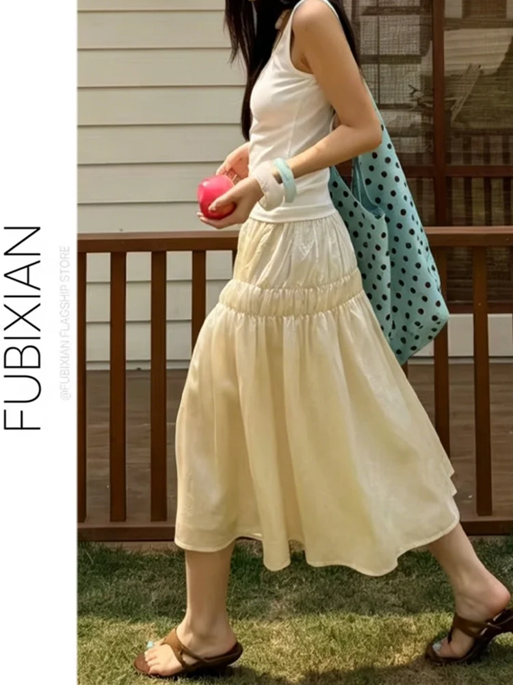 Summer New Style Pleated Satin Halter Neck  Dress Slimming Elastic Waist Midi Skirt in Beige Color Princess Skirt Style
