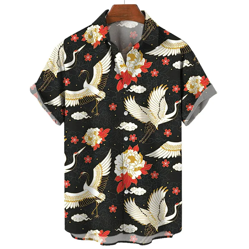 Retro Animal Hawaiian Shirt Men 3d Crane Print Short Sleeved Loose Casual Oversized Shirts Street Harajuku Tops Button Blouse