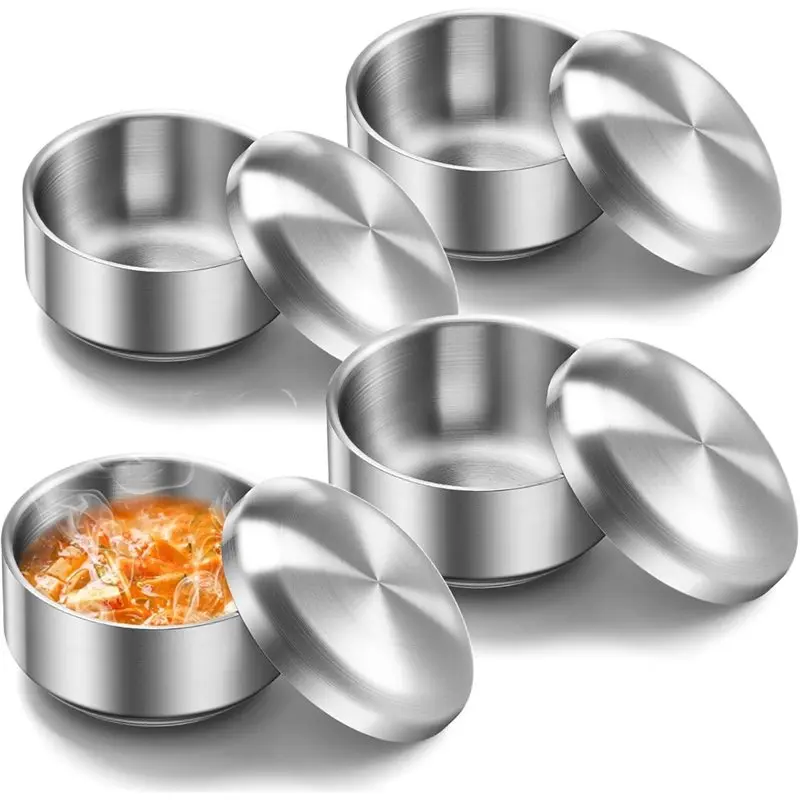 

BAAG-4Pc 12 Oz Stainless Steel Korean Soup Rice Bowl With Lid For Cereal Kitchen Restaurant Double-Walled Anti Scalding Bowls