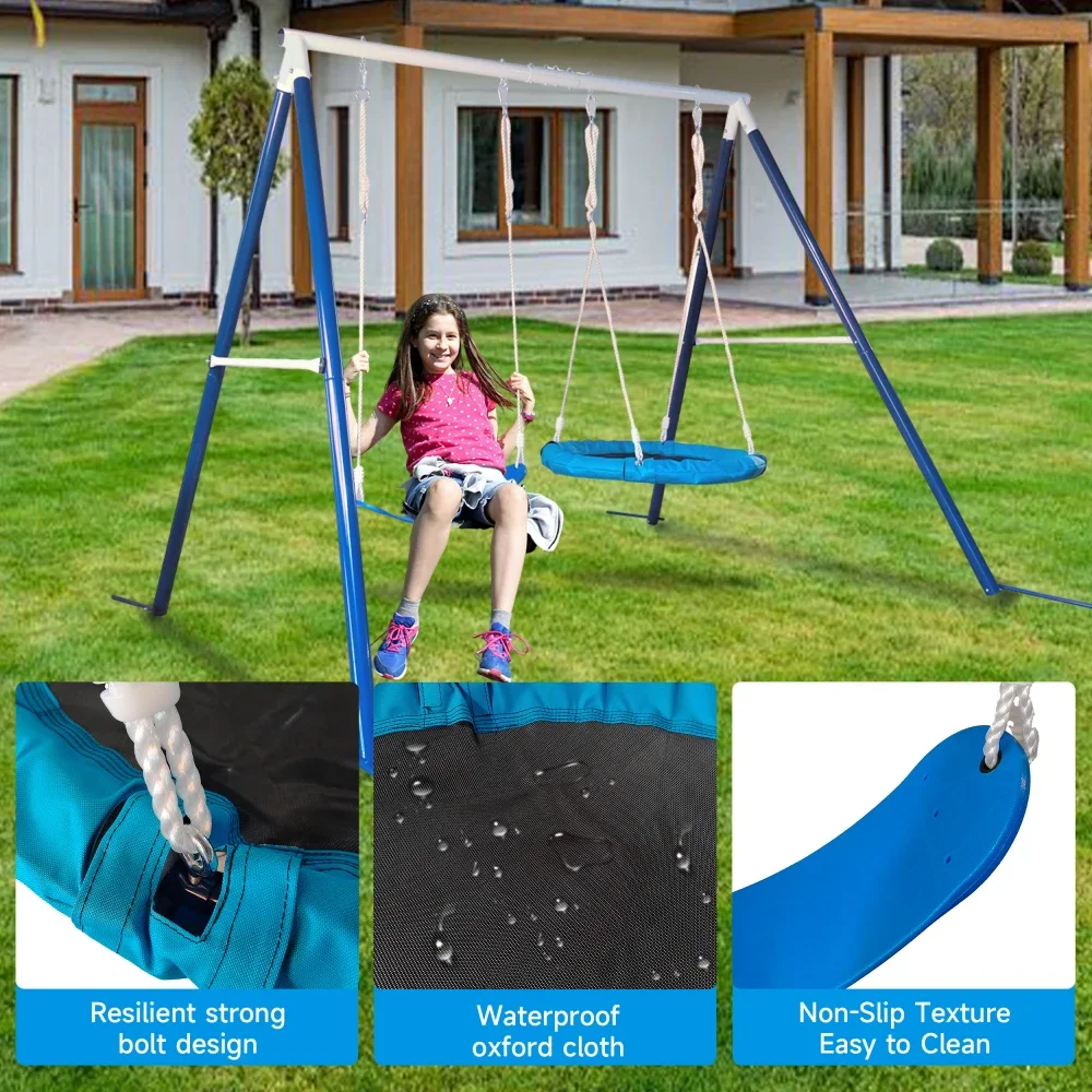 Kids Metal Swing Set for Backyard Outdoor 2 in 1 A-Frame Heavy Playground Two Functional Swing Stand with Adjustable Saucer Belt