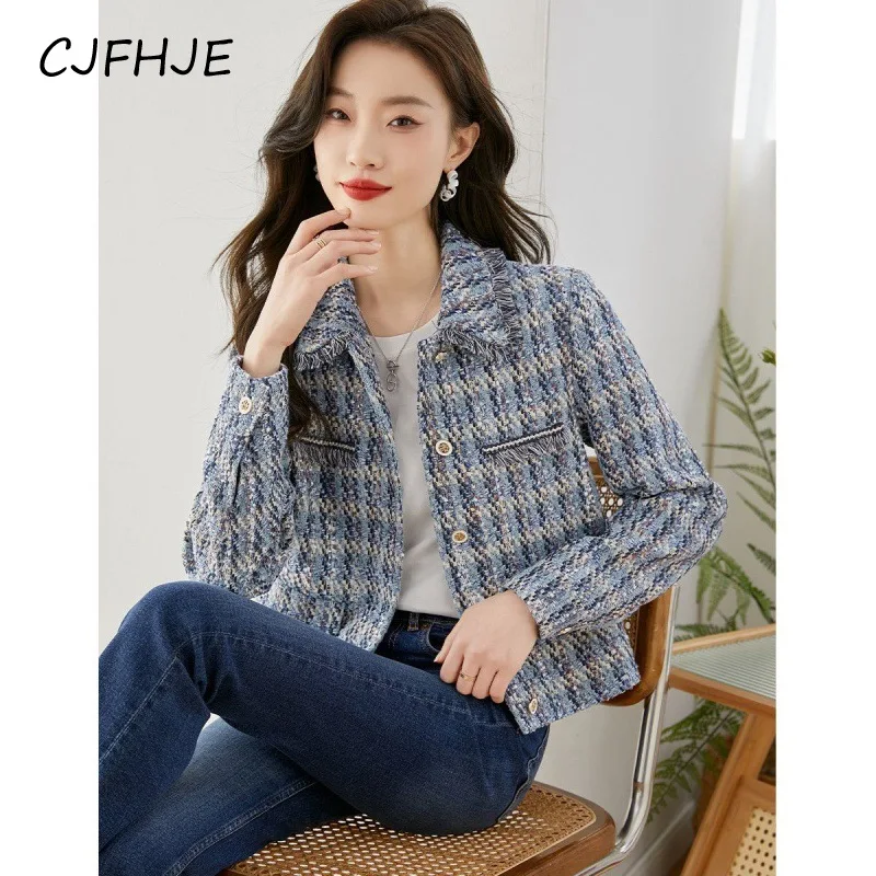 CJFHJE New Fashion Straight Tube Tweed Short Coat Women\'s Long Sleeve Jackets Classic Elegant Lapel Lady Coat Autumn Winter