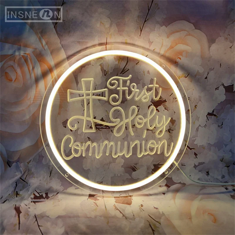 First Holy Communion Neon Sign LED 3D Engraving Wall Decor Neon Sign Lights for Party Home Neon Lighting Sign Baptism Decoration