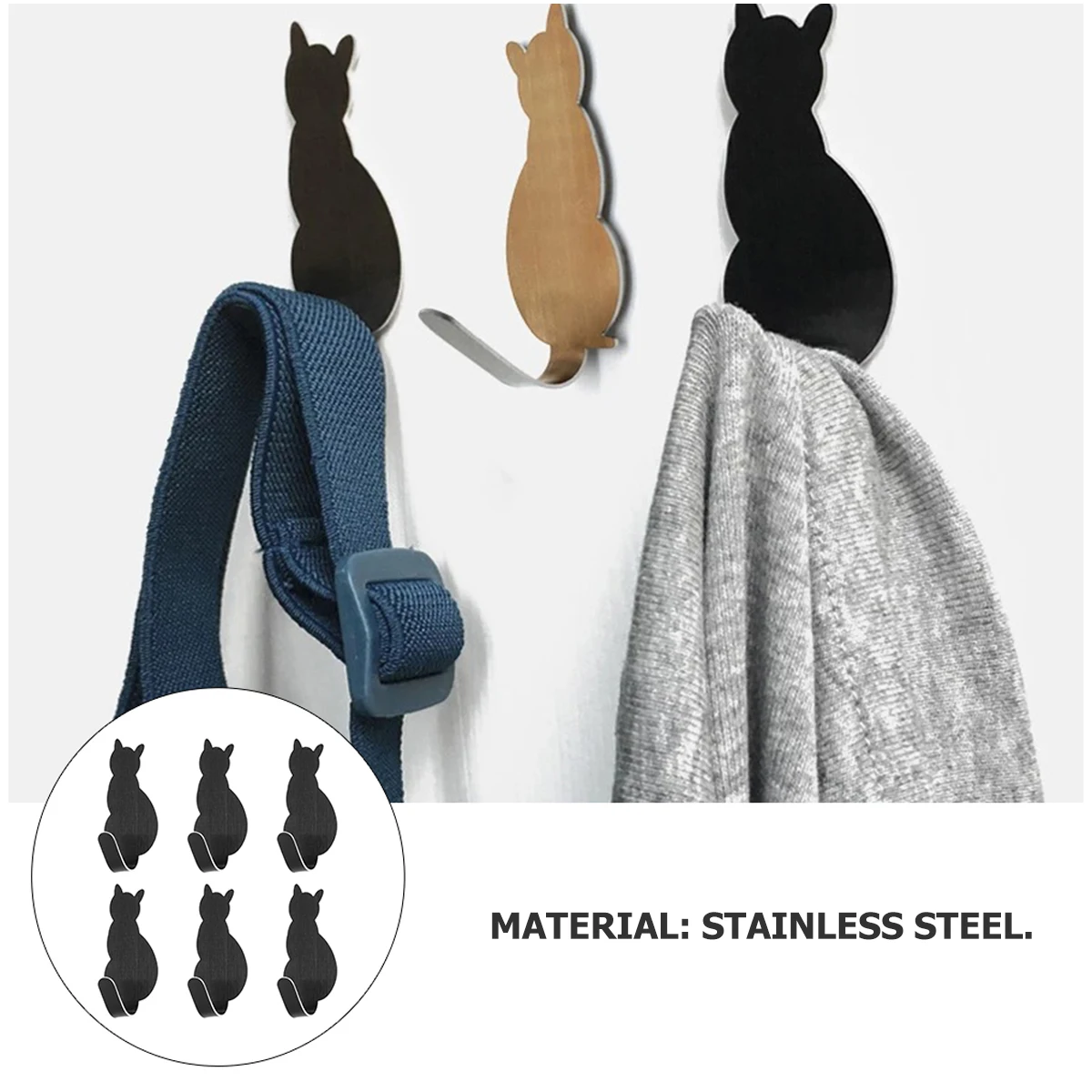 

8 Stainless Steel Hooks Heavy Duty Adhesive Wall Mount Coat Hanger Cat Shape Bathroom Kitchen Bedroom Towels Keys Moisture Proof