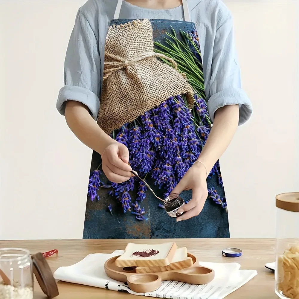 Rustic Lavender Burlap Kitchen Apron: Deep Purple Bloom Pattern Cooking Apron (Single Design)