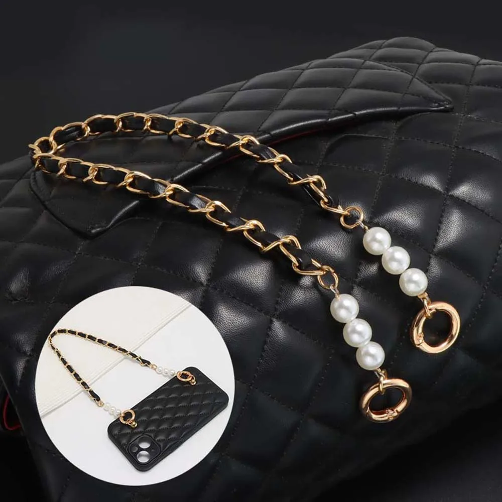 42cm Fashion Phone Case Universal Lanyard PU Leather Handbag Chain Women\'s Short Simulated Pearl Shoulder Strap Bag Accessories