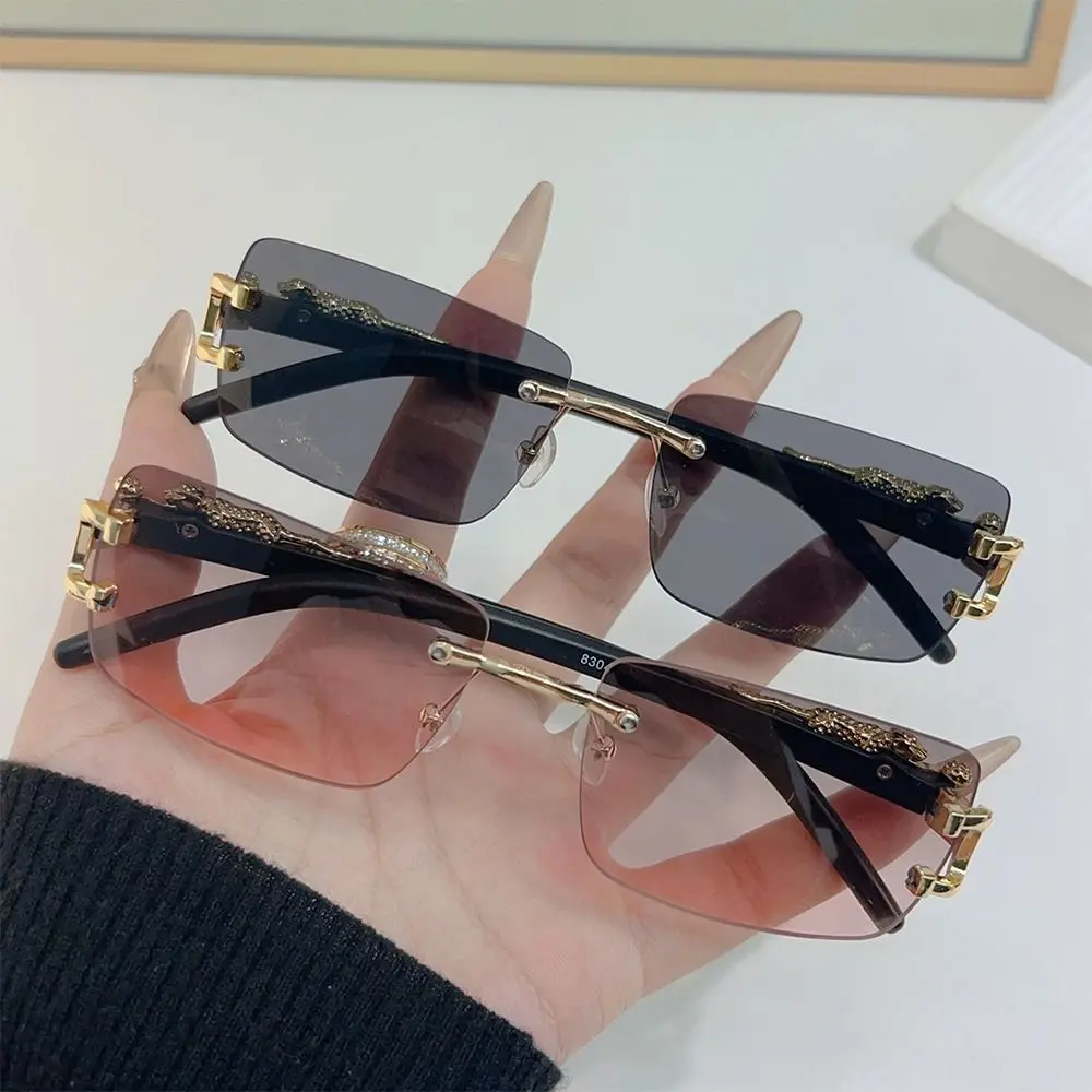 

Summer Leopard Decor Rectangular Sunglasses Metal Frame Cut-Edge Sun Glasses UV400 Protection Rimless Shades for Women & Men