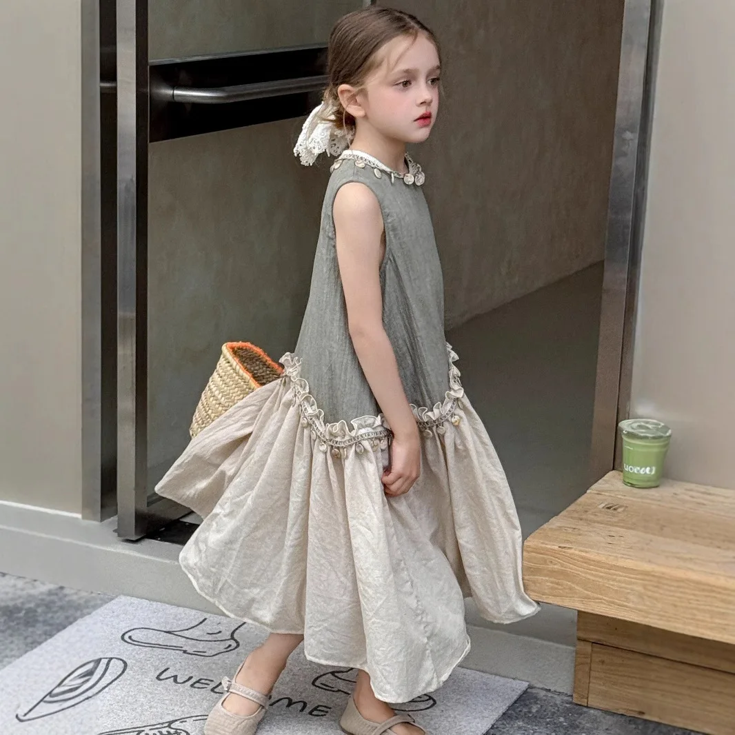 

Sweet Girls Dress Summer 2025 New Children Fashion Temperament Contrasting Color Bohemian Dress Trend