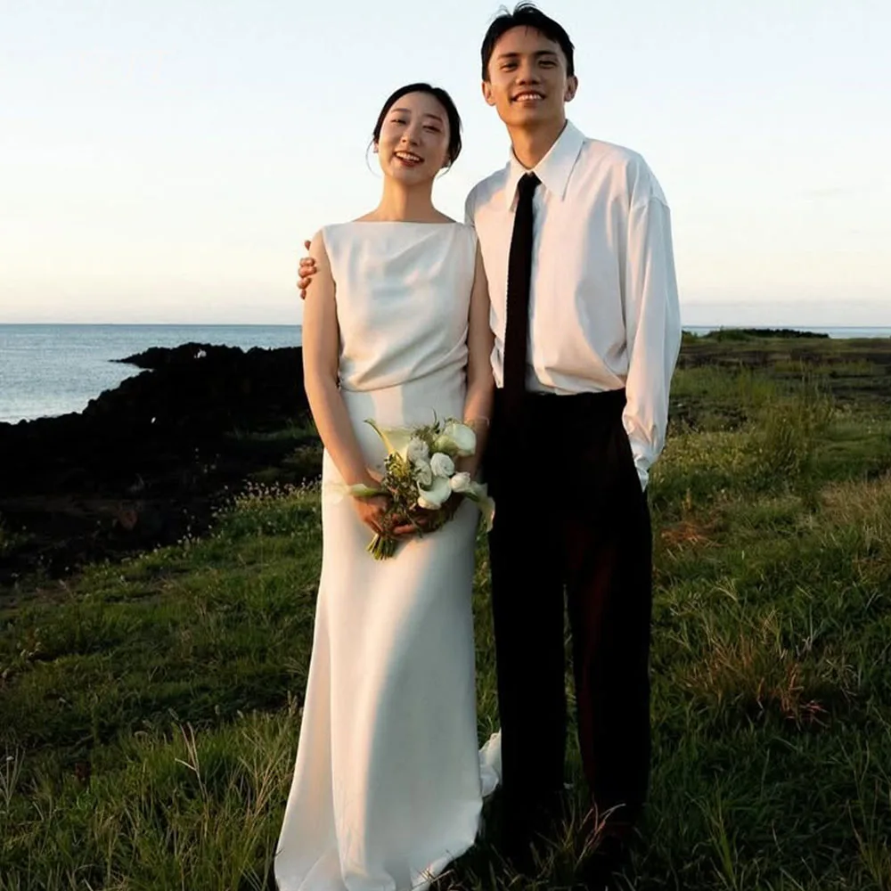 

Простое эластичное атласное свадебное платье TLIT с круглым вырезом, силуэт «русалка», свадебное платье в корейском стиле, для фотосессии, на заказ, 웨딩드레스