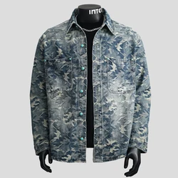 Jacquard Denim Shirt Men Streetwear Hip Hop Loose Casual Long Sleeve Denim Shirts Coat Women Vintage Oversize Blouses Jacket
