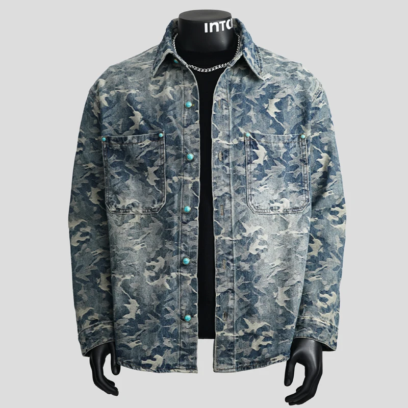 Jacquard Denim Shirt Men Streetwear Hip Hop Loose Casual Long Sleeve Denim Shirts Coat Women Vintage Oversize Blouses Jacket