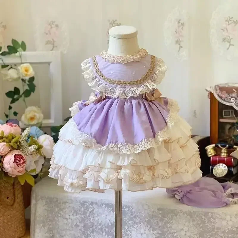 Girls lolita dress kids 2024 Summer lace purple pink green dress birthday party dress cute princess doll teen dress for girls MN