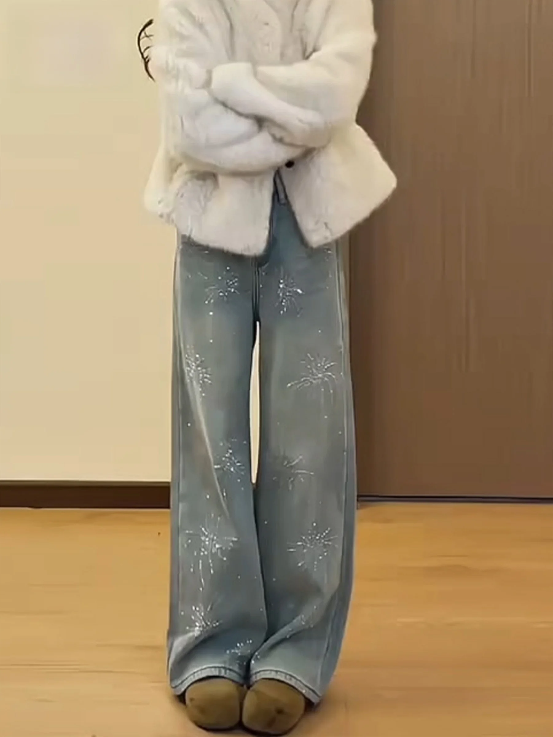 

Женские джинсы с высокой талией и широкими штанинами, украшенные блестящими пайетками, повседневные, весенне-летние, свободного кроя, прямые, длинные брюки