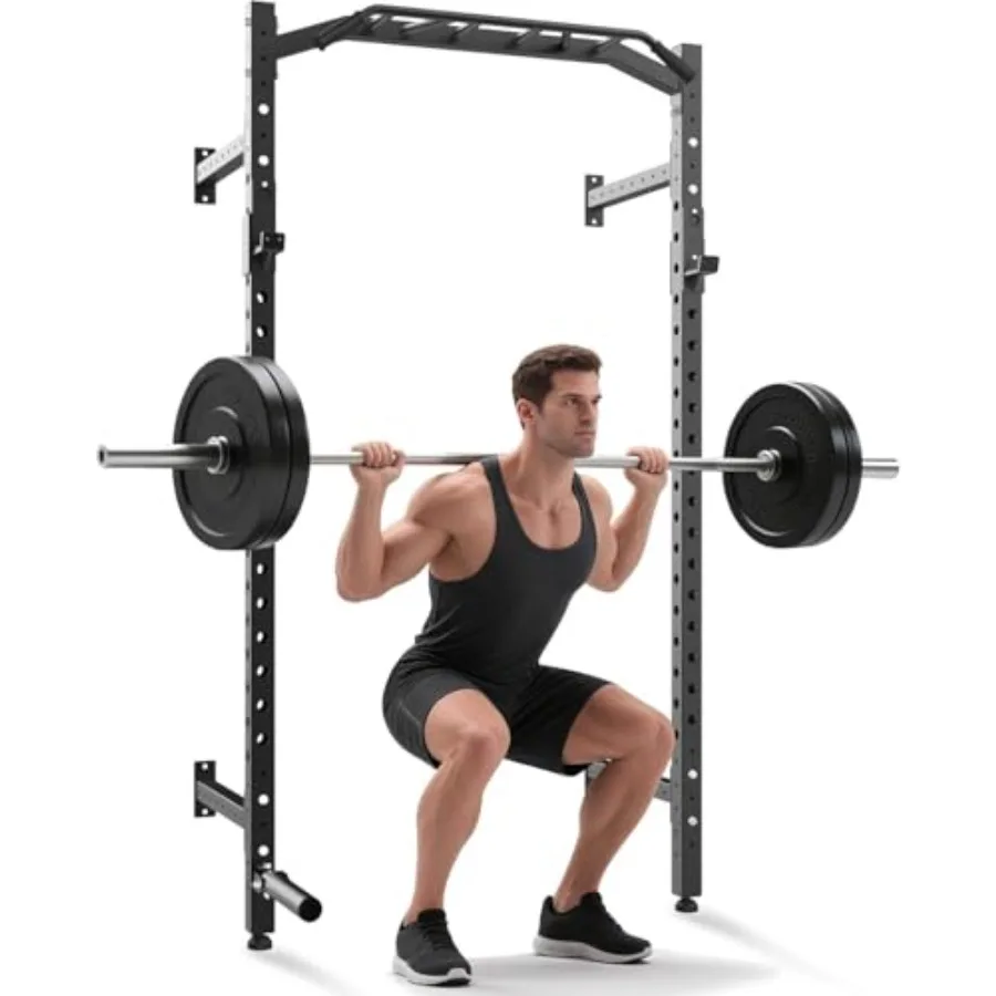 Wall Mounted Power Rack for Home Gym and Garage Gym: Steel Black 1600 LB Capacity with Multi-Grip Pull Up Bar J-Cups Landmine A