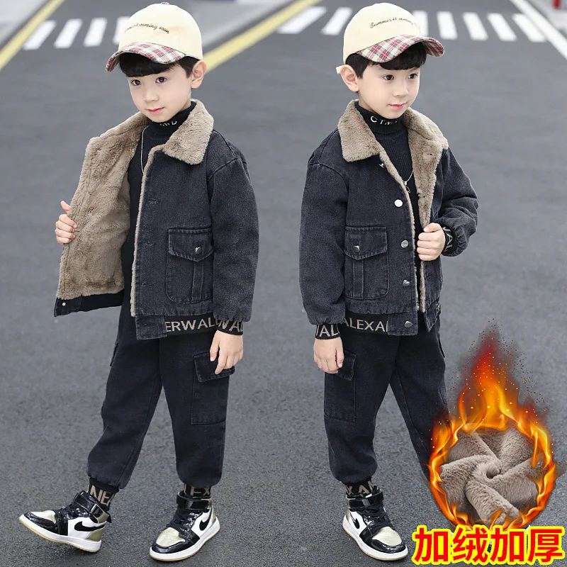 New Autumn Winter Teens Boys Two Piece Sets Denim Jacket Pants Suit for Kids Fashion Plus Velvet Warm Coat Jeans Clothes 4-12Y