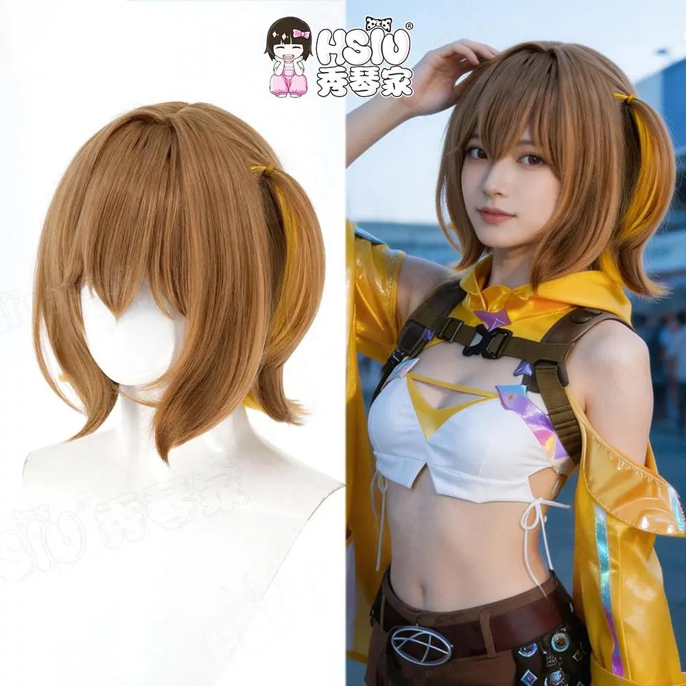 Peluca de Cosplay de Anis HSIU, 40Cm, pelo corto de color amarillo parduzco, peluca resistente al calor + gorro de peluca, peluca de Cosplay con uniforme de superestrella del juego NIKKE Anis