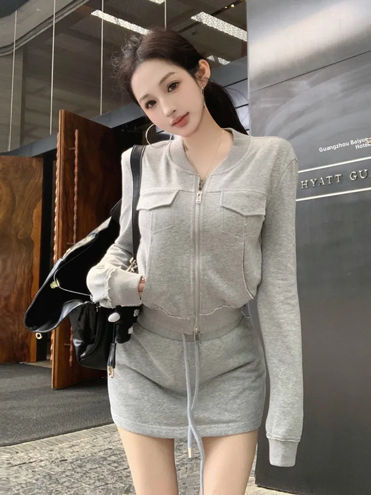Casual Sporty Grey Simple Double Zipper Long Sleeve Open Cardigan Top with Belted  Skirt Fashionable Two-Piece Set for Women