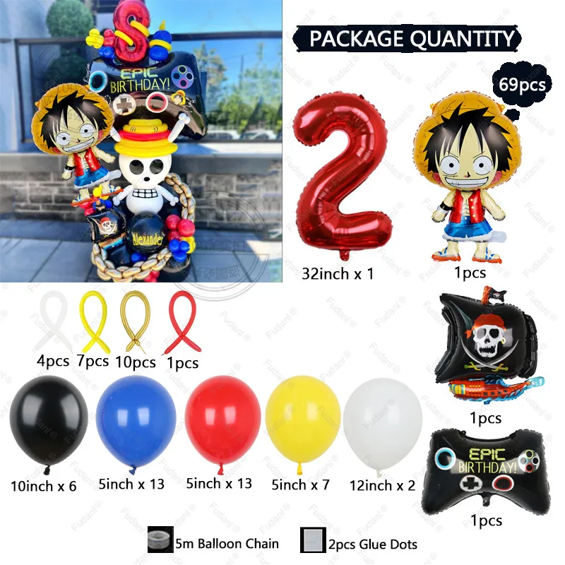 69 peças uma peça macaco d. Luffy filme de alumínio console de jogos navio pirata número vermelho globos decoração de festa de aniversário presente de chá de bebê