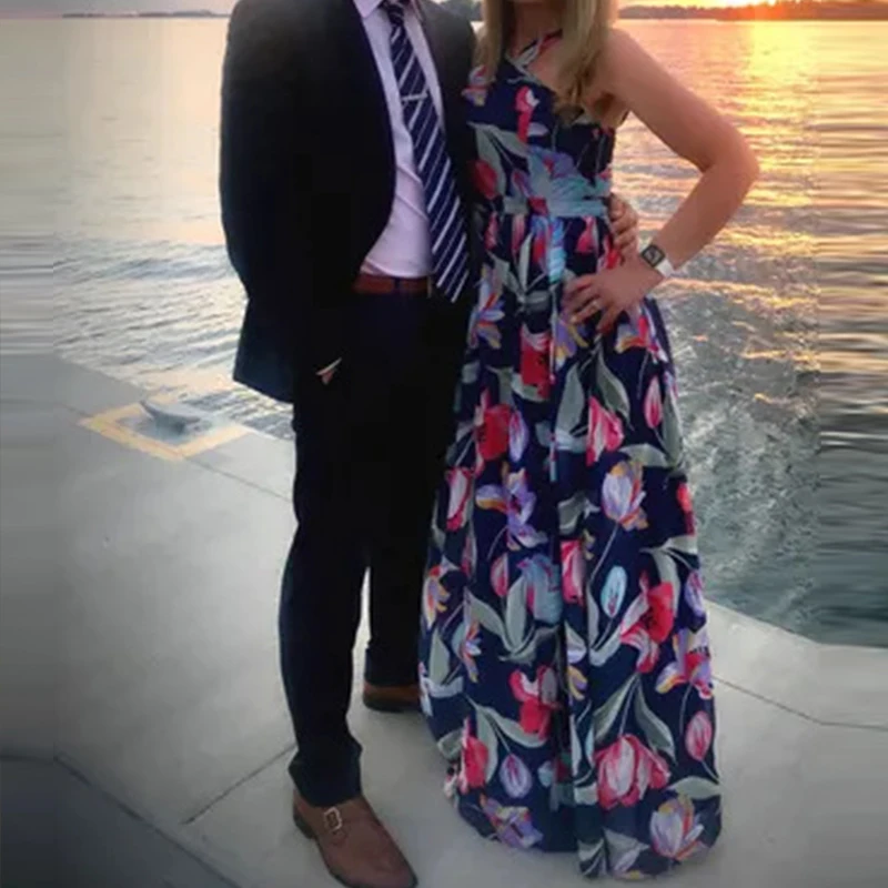 Elegante floral impressão magro vestido de festa sexy fora do ombro sem mangas chiffon vestido longo moda feminina altura cintura plissado bohe vestido