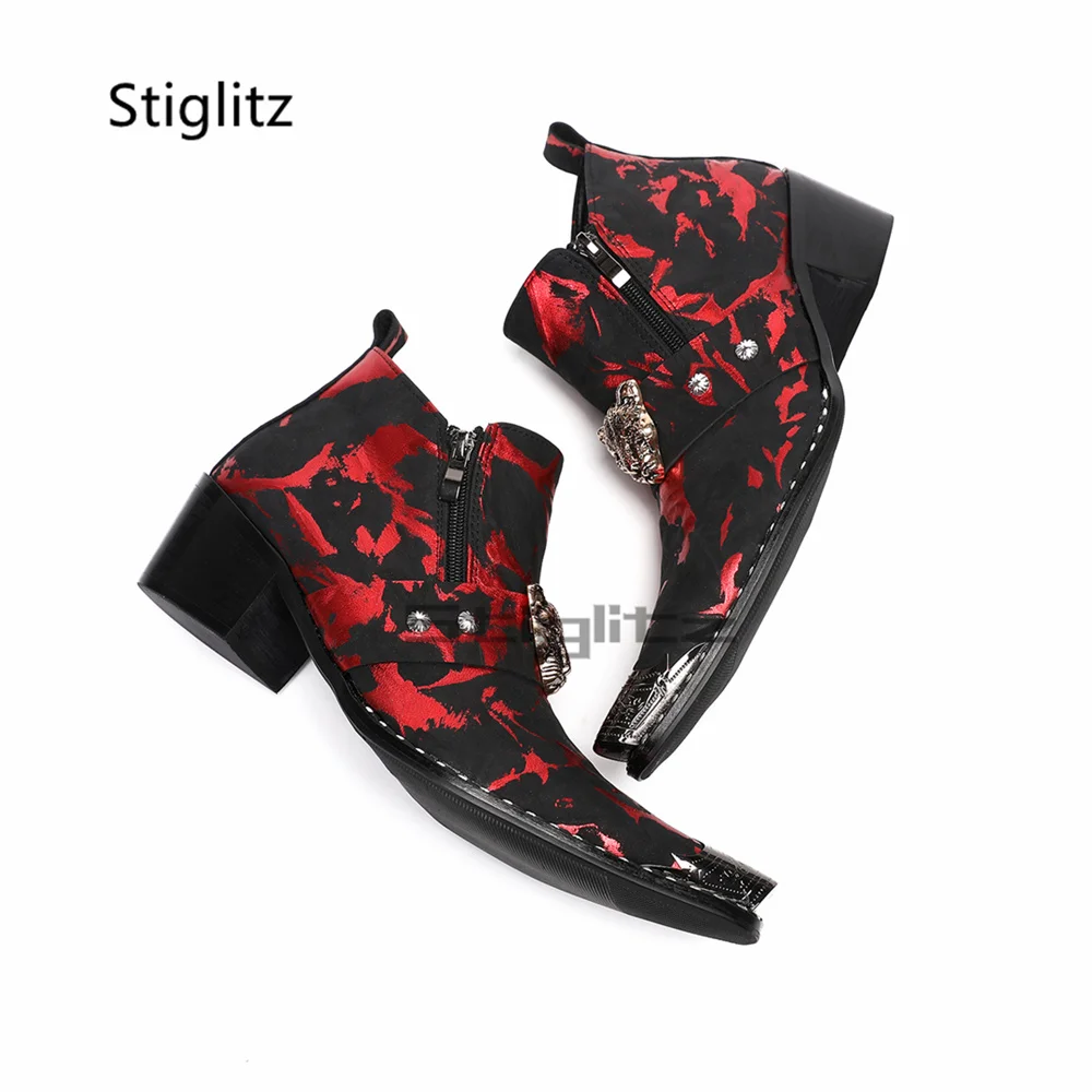 

Men's Black Red Prints Chelsea Boots High Heels Metal Pointed Toe Genuine Leather Zipper Ankle Short Boots Trendy Male Shoes