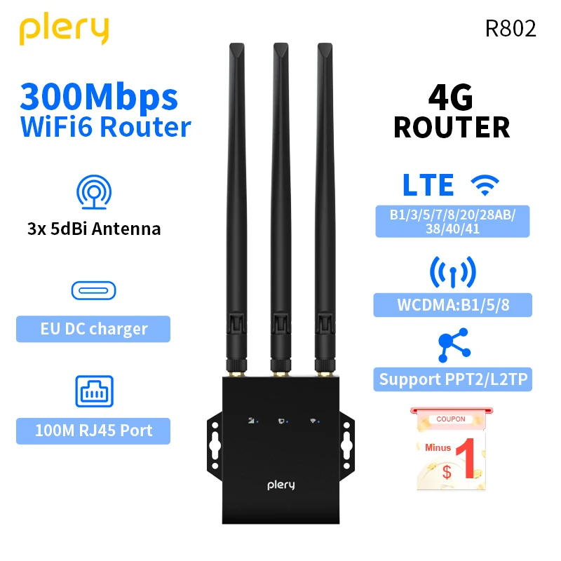 PLERY 300Mbps 4G LTE Router CAT.4 2.4G WiFi6 Routers Portable Internet Device Nano SIM Card LAN/WAN Port For IP Camera EU Plug
