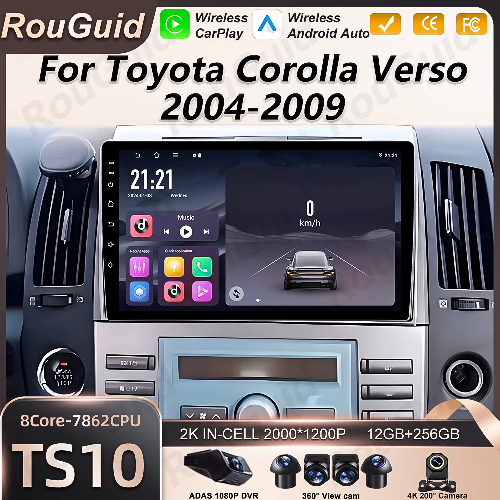 

Автомагнитола Android 16 для Toyota Corolla Verso 2004-2009, мультимедийный плеер с BT, Carplay, GPS, DSP и экраном