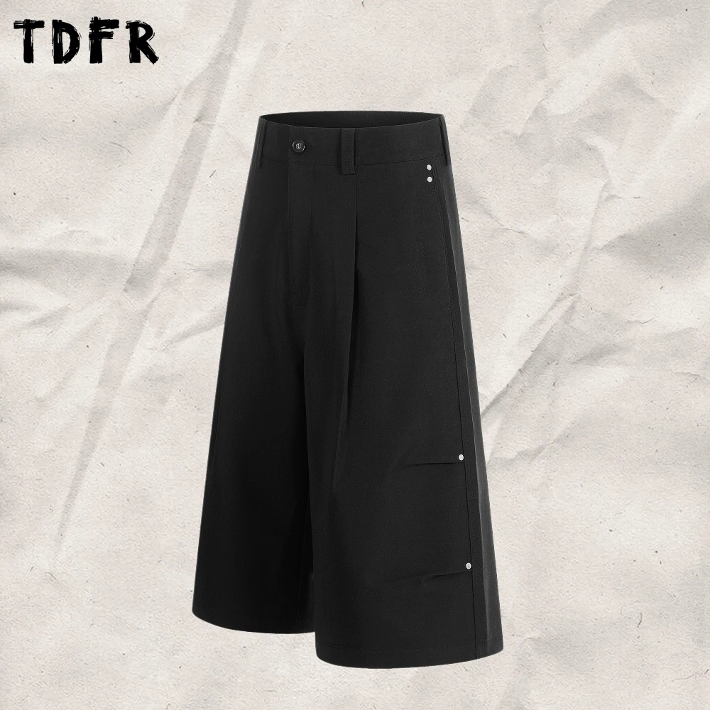 Pleated Shorts Mens with Rivets Retro SolidColor Casual Baggy Wide Leg Short Pants Man