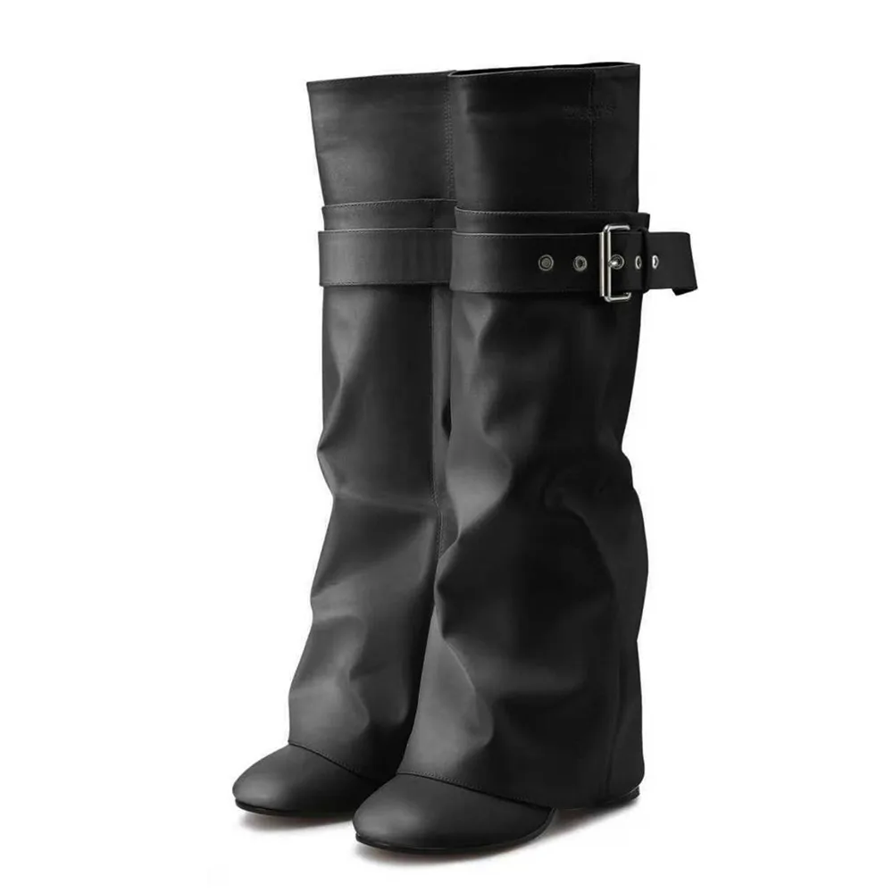 Women Buckle Strap Slouch Knee High Boots Faux Leather Round Toe High Heel Fold Over Long Boots Fashion Botas Mujer - view 3