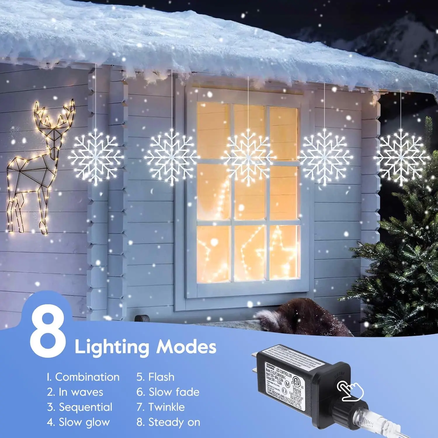 Christmas Snowflake Icicle Lights Outdoor - Plug-in 10.5ft 5 Drops 240LED Snowflake Window Light with 8 Modes, Hanging