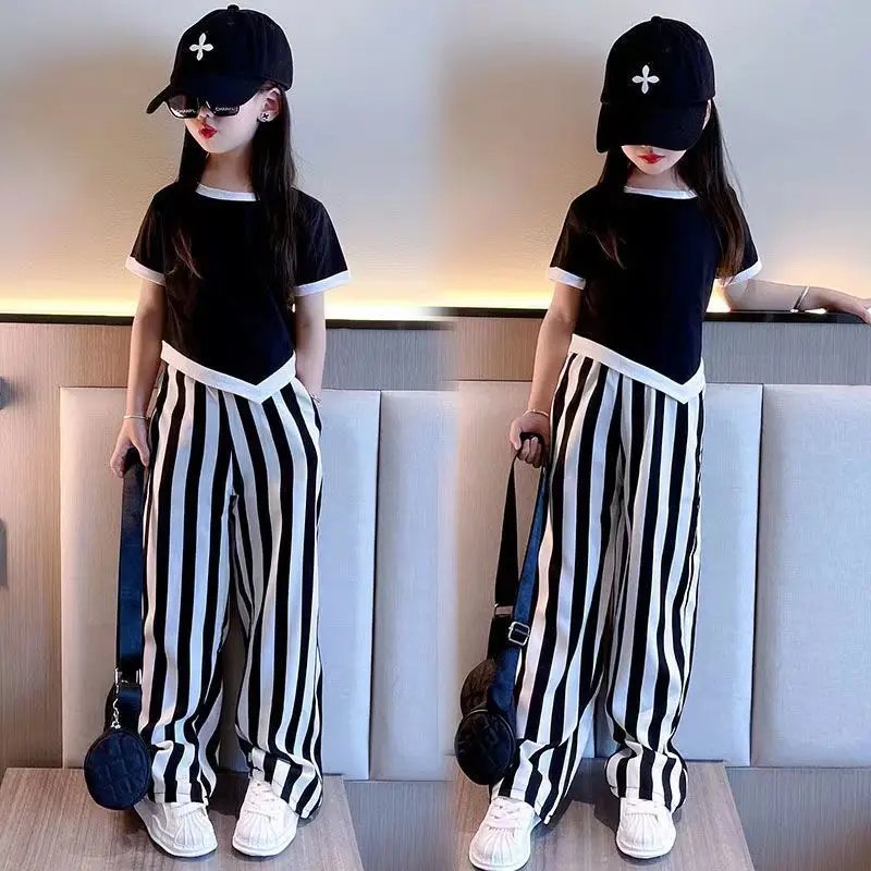 Fashion Girls Clothes Sets Summer Children Short Sleeve T-shirts + Loose Wide Leg Thin Pants 2PCS Kids Clothing 8 10 12 14 Year