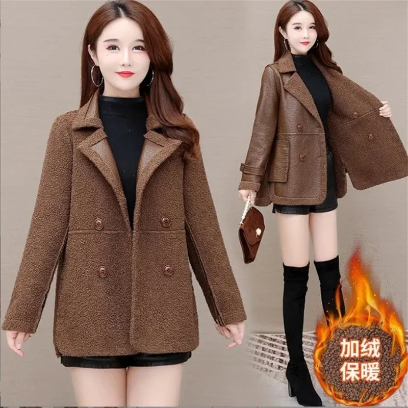 PU Leather Coat Women 2025Casual Winter Leather Jacket Plus Velvet Padded Overwear Suit Collar Pocket Fashion Outcoat Female Top