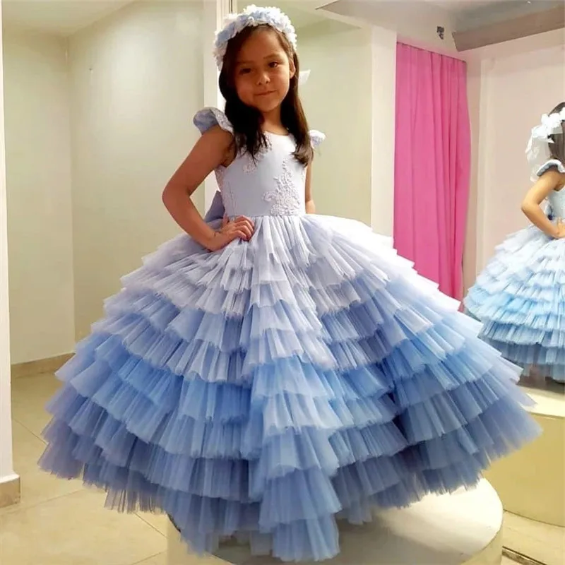 Sleeveless Leaky Back Pearl Layered Princess Flower Girl Dresses Wedding Party Ball First Communion Dresses Dream Kids Gift