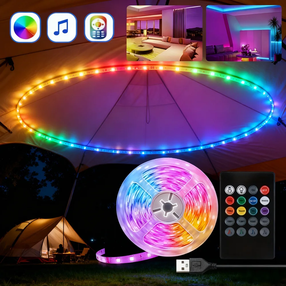 RGB LED Strip Lights with Music Sync 5V USB Powered for TV PC Monitor Backlight Room Ambient Lighting Decoration