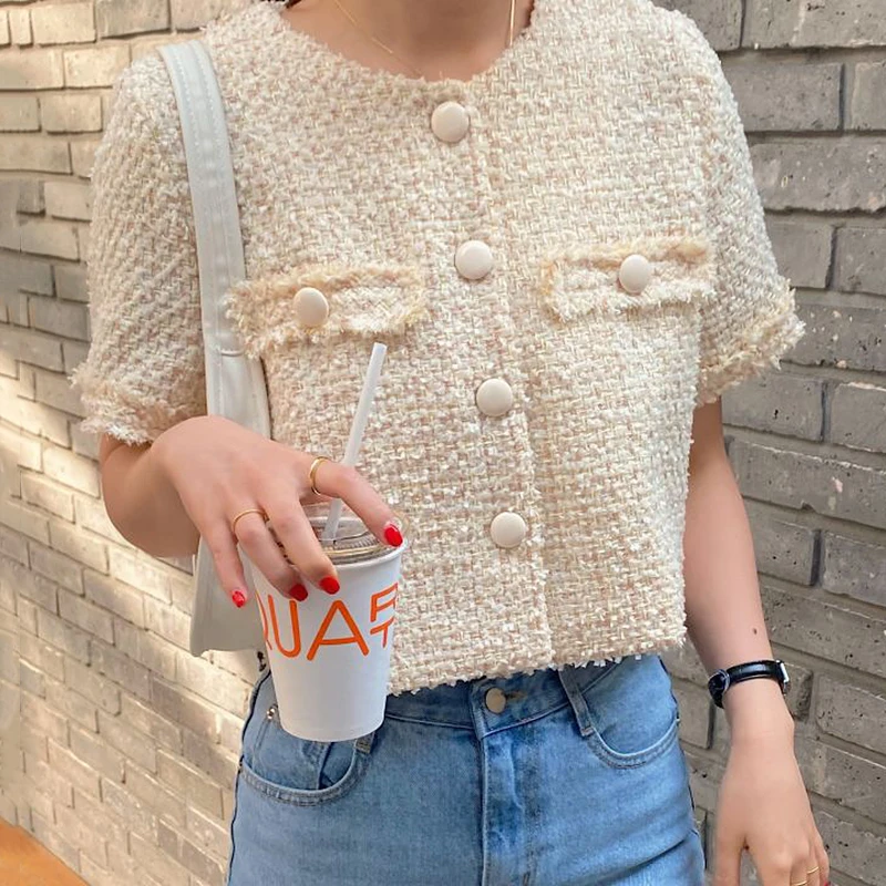 

Chic Summer Vintage round Ne Frayed Design Ele Button Loose ket Thiened Woolen ort Coat for Young Women