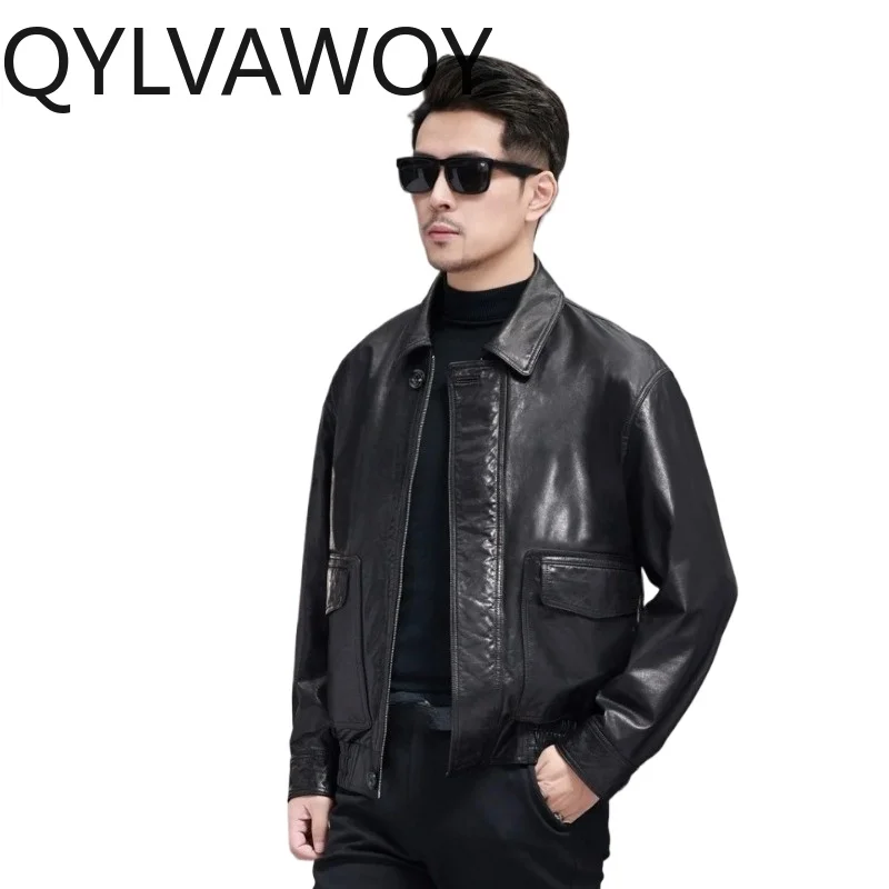 QYLVAWOY 100%Top Layer Cowhide Genuine Leather Jacket Men Autumn Winter Real Cow Leather Coat High Quality Puffer Coats jaquetas
