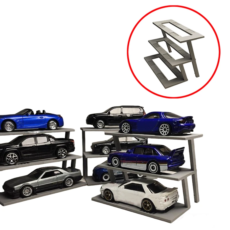 2PCS 3D Printed Tiered Display Stand for 1/64 Scale Diecast Car Model 3-Pack Parking Space Rack Storage Bracket Collection Tool