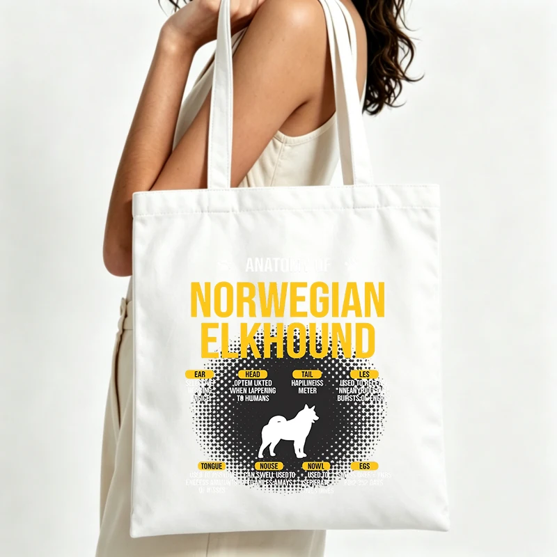 Norwegian Elkhound dog graphic canvas tote bag with typography print, perfect for casual daily use and shopping outings