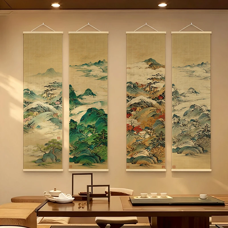 Wall Art Four Seasons Bamboo Scroll Painting Wabi Sabi Japandi Zen Minimalism Canvas for Tatami Room Tea House Meditation
