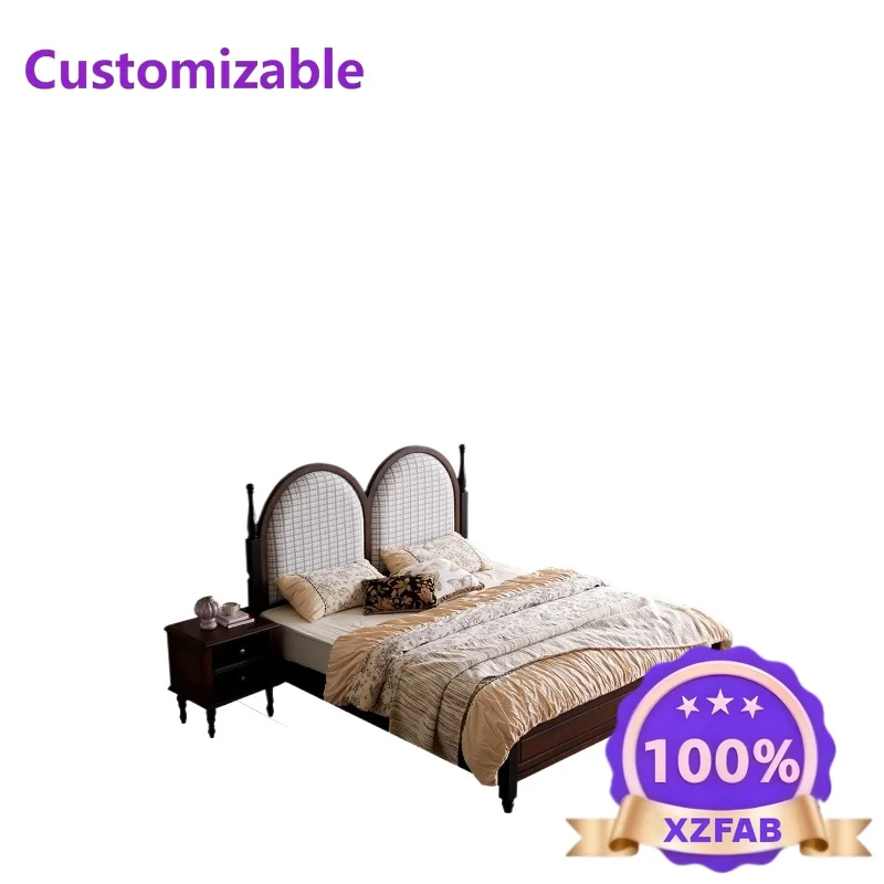 Factory Direct 2026 Medieval fabric bed plaid cloth backrest American retro solid wood bed master bedroom double side bed small