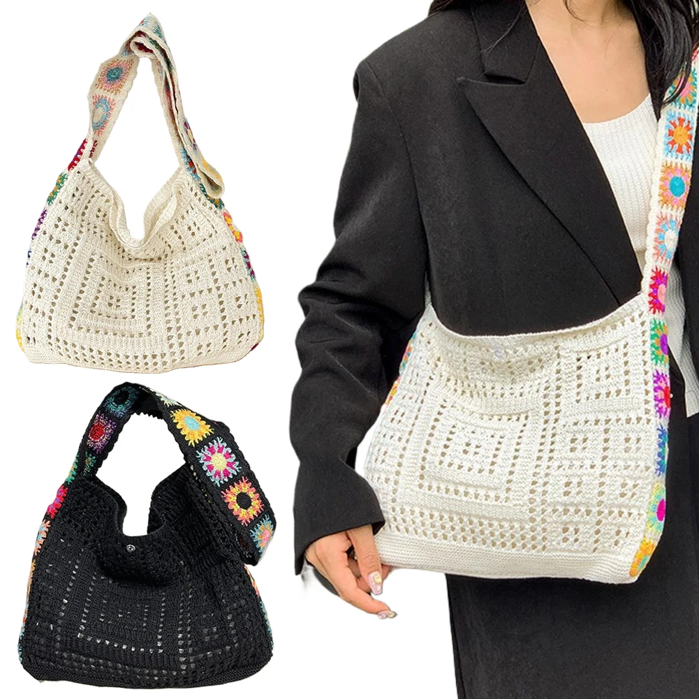 

Women Knitted Shoulder Bag Crochet Tote Bag Large Capacity Weaving Crossbody Purse Hollow Out Handbag Summer Beach Bag